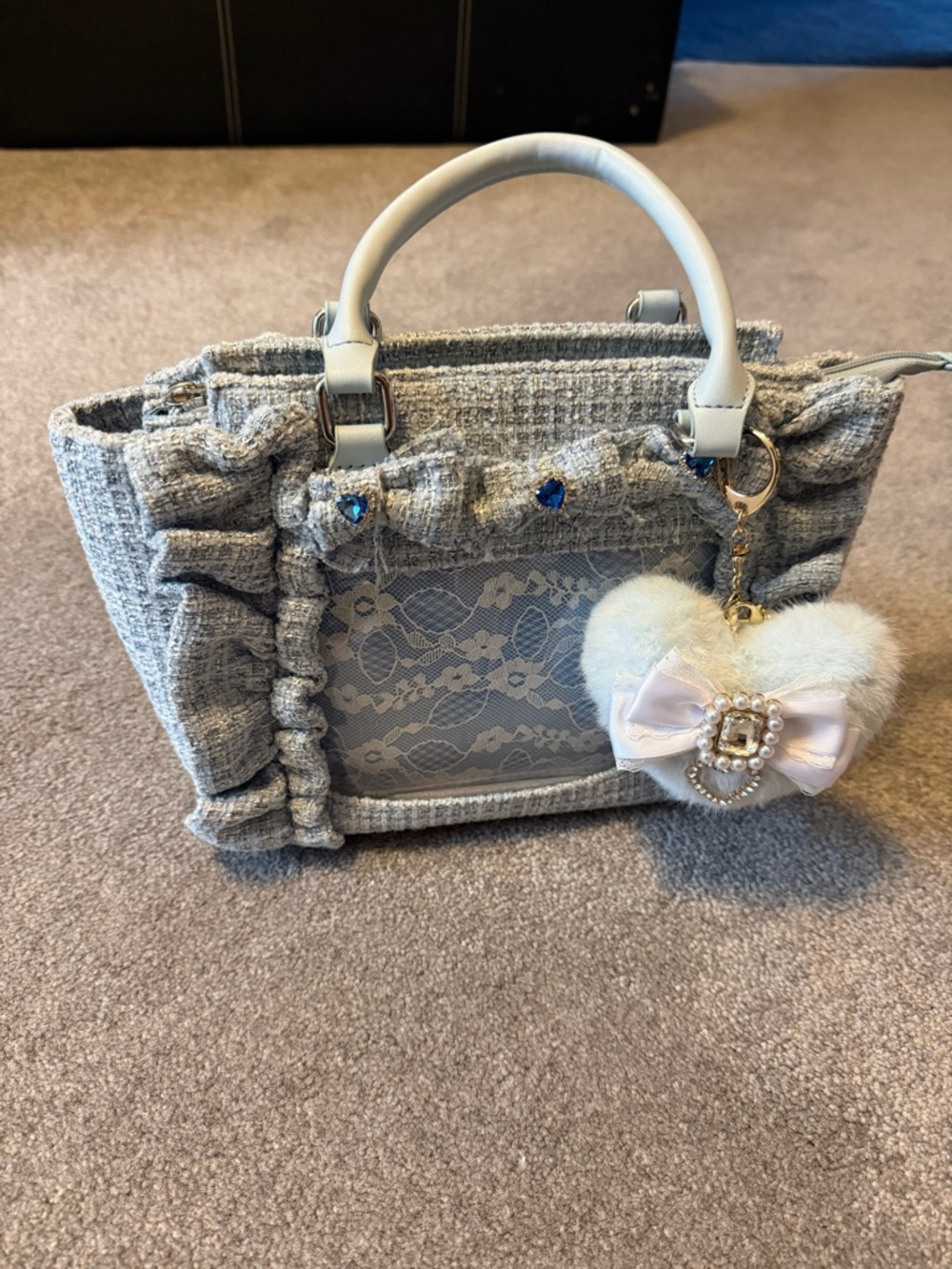 Light blue Ruffle Lace Satchel purse with Heart Charm Accent